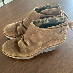 Fly London Yip Brown Suede Wedge Ankle Boots Lace Up Back 37 US Size 6